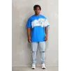 Unisex Bisiklet Yaka Baskılı Oversize T-Shirt - Mavi
