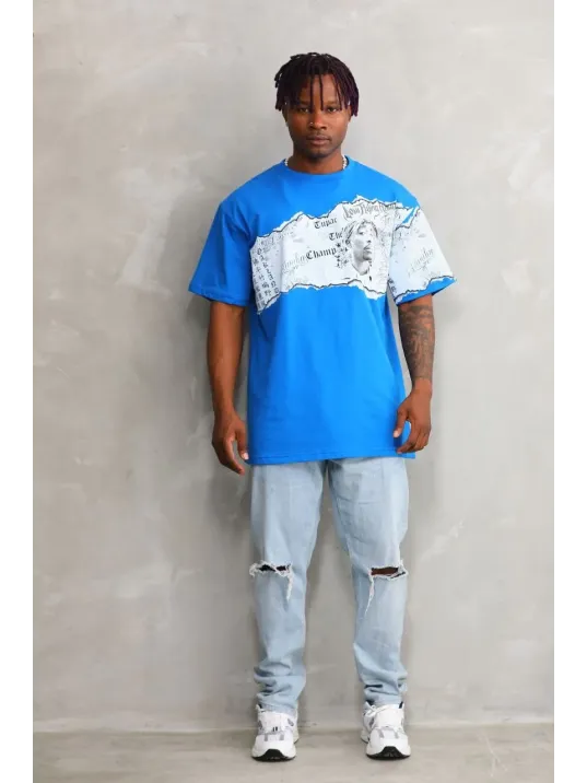 Unisex Bisiklet Yaka Baskılı Oversize T-Shirt - Mavi