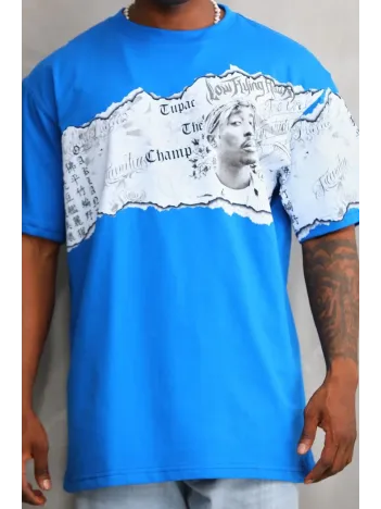 Unisex Bisiklet Yaka Baskılı Oversize T-Shirt - Mavi Unisex Bisiklet Yaka Baskılı Oversize T-Shirt - Mavi