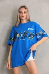 Unisex Bisiklet Yaka Baskılı Oversize T-shirt - Mavi