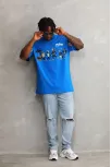 Unisex Bisiklet Yaka Baskılı Oversize T-shirt - Mavi