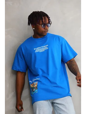 Unisex Bisiklet Yaka Baskılı Oversize T-Shirt - Mavi Unisex Bisiklet Yaka Baskılı Oversize T-Shirt - Mavi