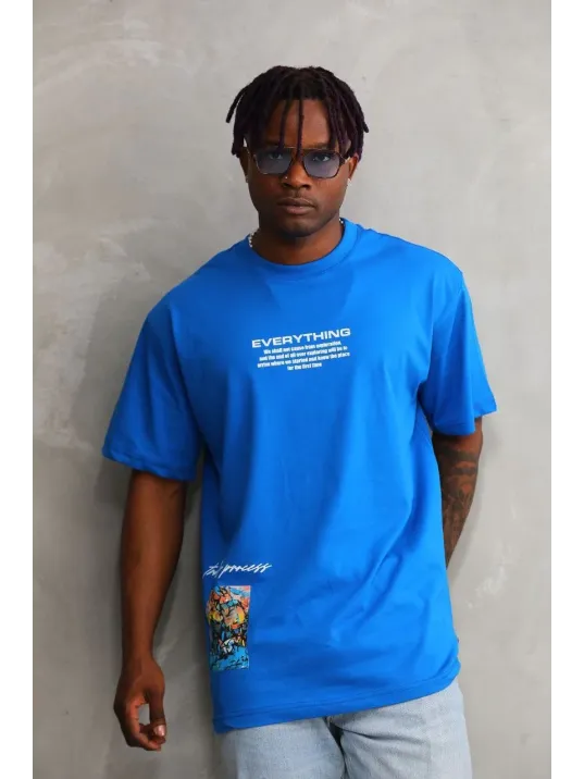 Unisex Bisiklet Yaka Baskılı Oversize T-Shirt - Mavi Unisex Bisiklet Yaka Baskılı Oversize T-Shirt - Mavi