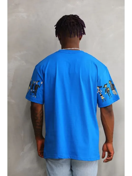 Unisex Bisiklet Yaka Baskılı Oversize T-Shirt - Mavi