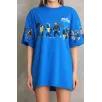 Unisex Bisiklet Yaka Baskılı Oversize T-Shirt - Mavi