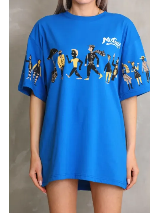 Unisex Bisiklet Yaka Baskılı Oversize T-Shirt - Mavi