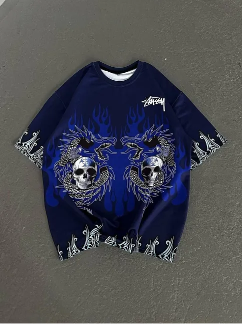 Unisex Bisiklet Yaka Baskılı Oversize T-shirt - Lacivert