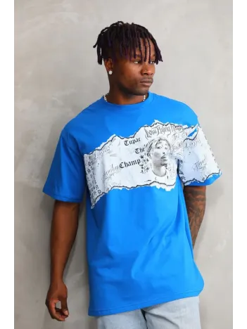 Unisex Bisiklet Yaka Baskılı Oversize T-Shirt - Mavi Unisex Bisiklet Yaka Baskılı Oversize T-Shirt - Mavi