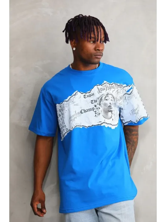 Unisex Bisiklet Yaka Baskılı Oversize T-Shirt - Mavi