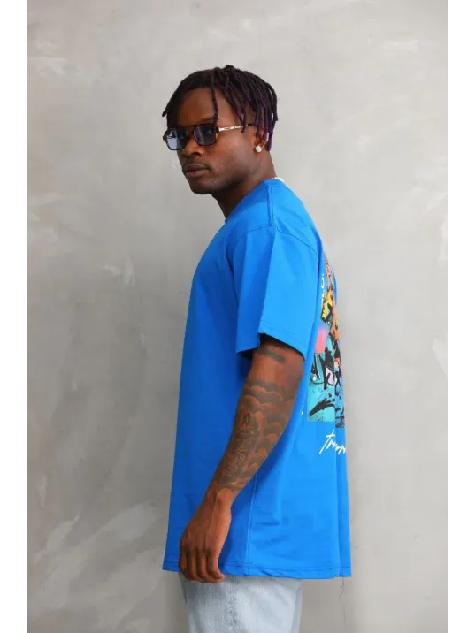 Unisex Bisiklet Yaka Baskılı Oversize T-Shirt - Mavi Unisex Bisiklet Yaka Baskılı Oversize T-Shirt - Mavi