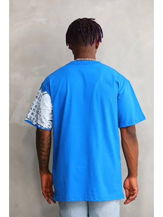 Unisex Bisiklet Yaka Baskılı Oversize T-Shirt - Mavi