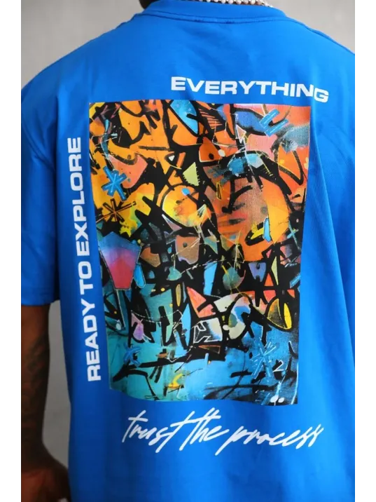 Unisex Bisiklet Yaka Baskılı Oversize T-Shirt - Mavi Unisex Bisiklet Yaka Baskılı Oversize T-Shirt - Mavi