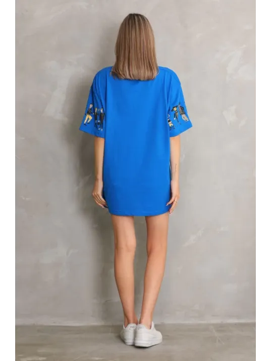 Unisex Bisiklet Yaka Baskılı Oversize T-Shirt - Mavi