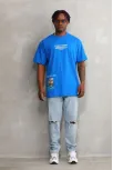 Unisex Bisiklet Yaka Baskılı Oversize T-shirt - Mavi