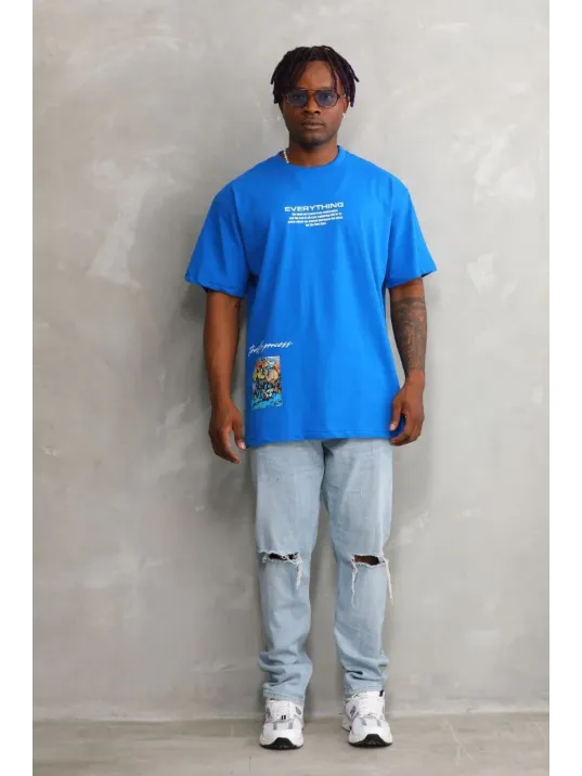Unisex Bisiklet Yaka Baskılı Oversize T-Shirt - Mavi Unisex Bisiklet Yaka Baskılı Oversize T-Shirt - Mavi