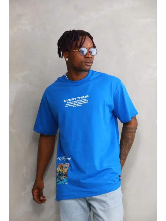 Unisex Bisiklet Yaka Baskılı Oversize T-Shirt - Mavi Unisex Bisiklet Yaka Baskılı Oversize T-Shirt - Mavi