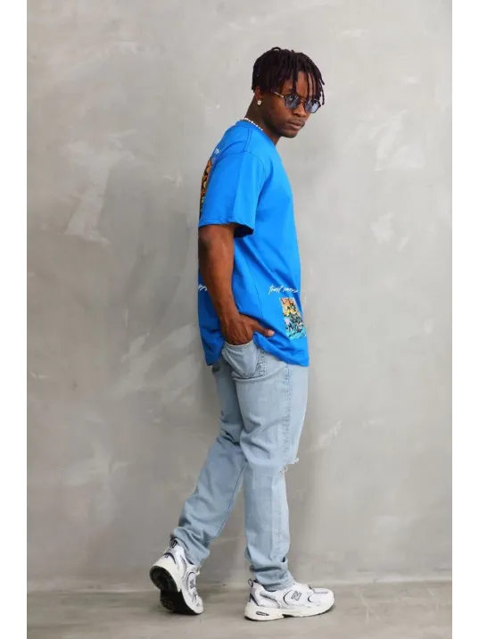 Unisex Bisiklet Yaka Baskılı Oversize T-Shirt - Mavi Unisex Bisiklet Yaka Baskılı Oversize T-Shirt - Mavi