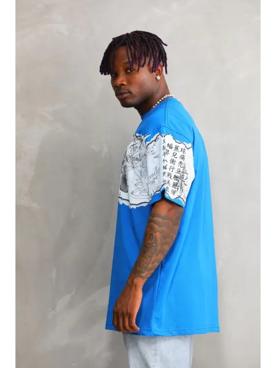 Unisex Bisiklet Yaka Baskılı Oversize T-Shirt - Mavi