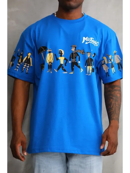 Unisex Bisiklet Yaka Baskılı Oversize T-Shirt - Mavi