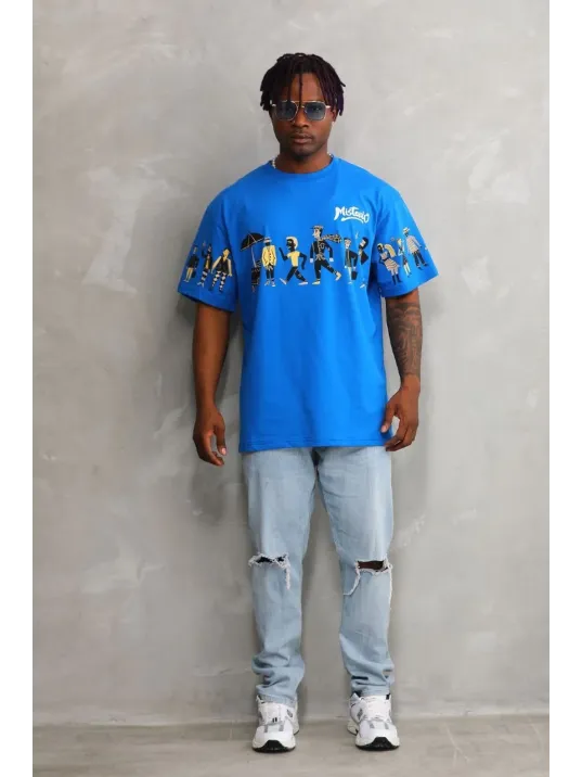 Unisex Bisiklet Yaka Baskılı Oversize T-Shirt - Mavi