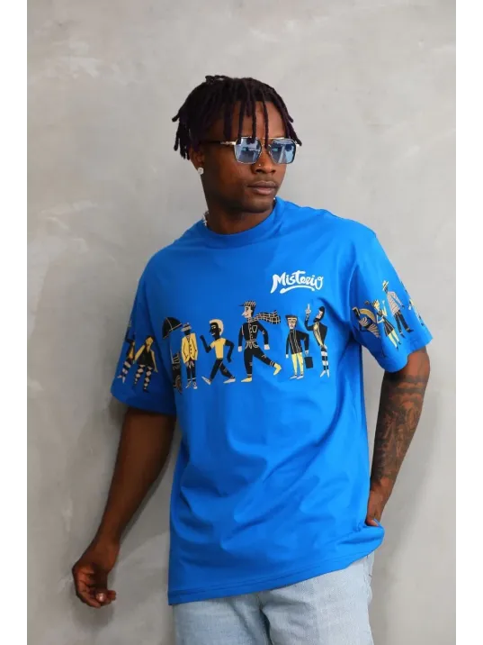 Unisex Bisiklet Yaka Baskılı Oversize T-Shirt - Mavi