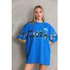 Unisex Bisiklet Yaka Baskılı Oversize T-Shirt - Mavi