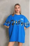 Unisex Bisiklet Yaka Baskılı Oversize T-shirt - Mavi