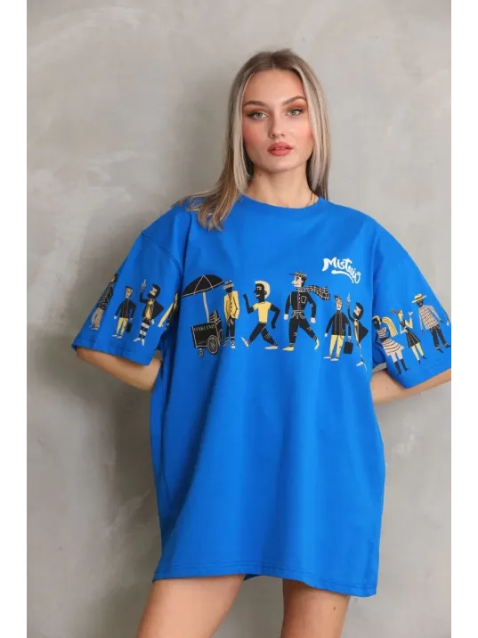 Unisex Bisiklet Yaka Baskılı Oversize T-Shirt - Mavi