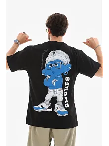Unisex Bisiklet Yaka Baskılı Oversize T-shirt - Siyah
