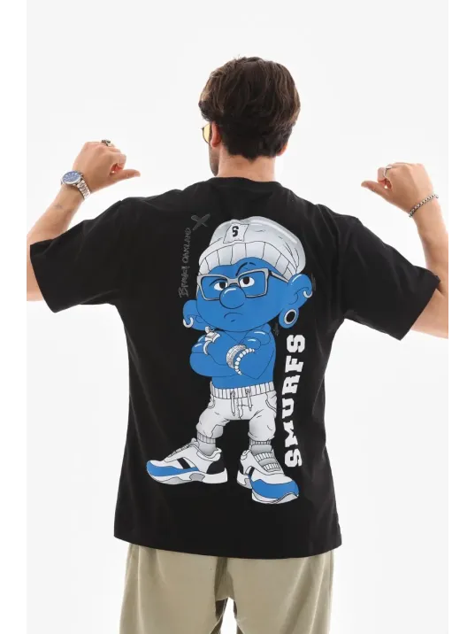 Unisex Bisiklet Yaka Baskılı Oversize T-Shirt - Siyah Unisex Bisiklet Yaka Baskılı Oversize T-Shirt - Siyah