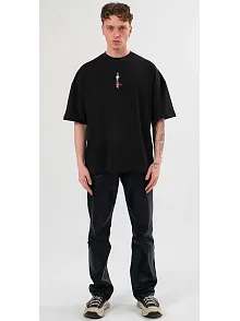 Unisex Bisiklet Yaka Baskılı Oversize T-shirt - Siyah