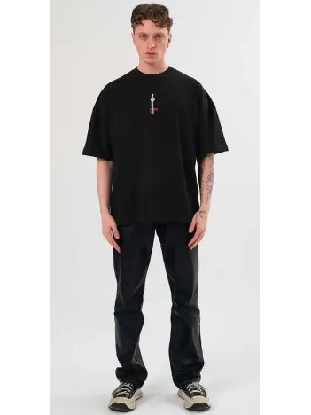 Unisex Bisiklet Yaka Baskılı Oversize T-Shirt - Siyah Unisex Bisiklet Yaka Baskılı Oversize T-Shirt - Siyah