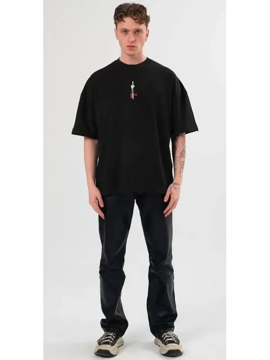 Unisex Bisiklet Yaka Baskılı Oversize T-Shirt - Siyah Unisex Bisiklet Yaka Baskılı Oversize T-Shirt - Siyah