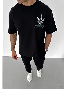 Unisex Bisiklet Yaka Baskılı Oversize T-shirt - Siyah