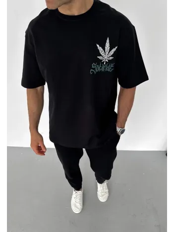 Unisex Bisiklet Yaka Baskılı Oversize T-Shirt - Siyah Unisex Bisiklet Yaka Baskılı Oversize T-Shirt - Siyah