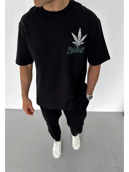 Unisex Bisiklet Yaka Baskılı Oversize T-Shirt - Siyah Unisex Bisiklet Yaka Baskılı Oversize T-Shirt - Siyah