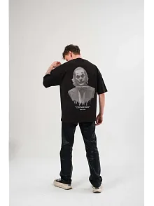 Unisex Bisiklet Yaka Baskılı Oversize T-shirt - Siyah