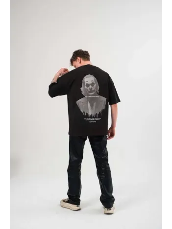 Unisex Bisiklet Yaka Baskılı Oversize T-Shirt - Siyah Unisex Bisiklet Yaka Baskılı Oversize T-Shirt - Siyah