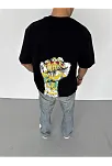 Unisex Bisiklet Yaka Baskılı Oversize T-shirt - Siyah