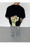 Unisex Bisiklet Yaka Baskılı Oversize T-shirt - Siyah