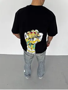 Unisex Bisiklet Yaka Baskılı Oversize T-shirt - Siyah