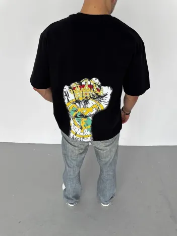 Unisex Bisiklet Yaka Baskılı Oversize T-Shirt - Siyah Unisex Bisiklet Yaka Baskılı Oversize T-Shirt - Siyah