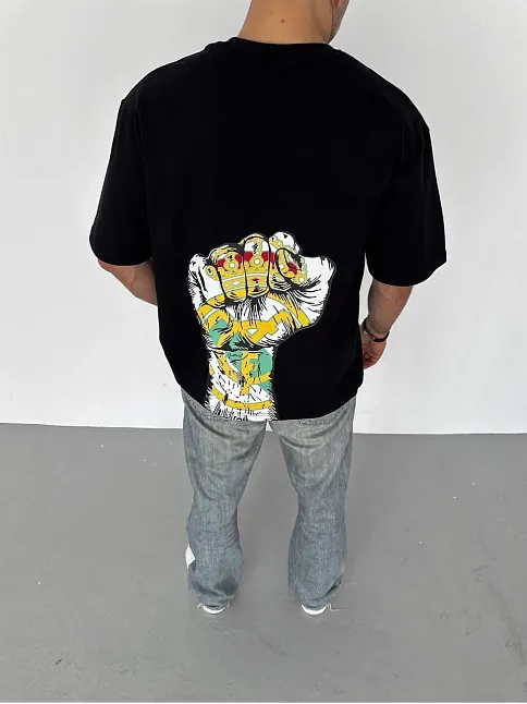 Unisex Bisiklet Yaka Baskılı Oversize T-shirt - Siyah