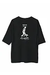 Unisex Bisiklet Yaka Baskılı Oversize T-shirt - Siyah