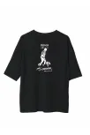 Unisex Bisiklet Yaka Baskılı Oversize T-shirt - Siyah
