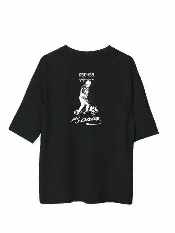 Unisex Bisiklet Yaka Baskılı Oversize T-shirt - Siyah