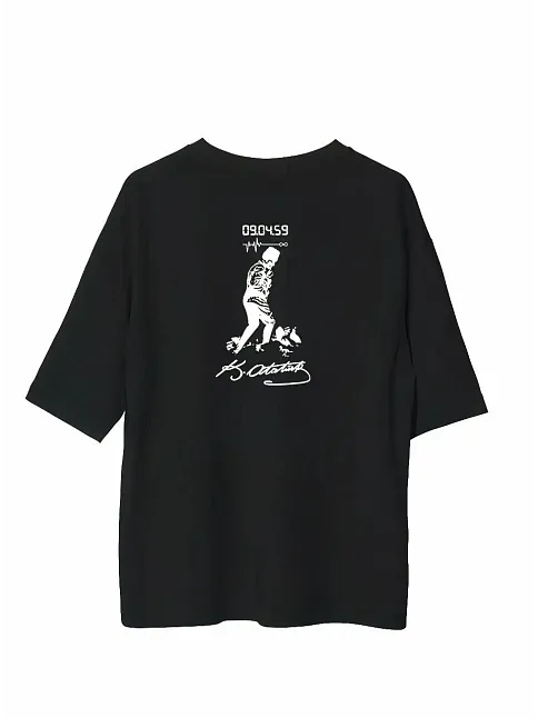 Unisex Bisiklet Yaka Baskılı Oversize T-shirt - Siyah
