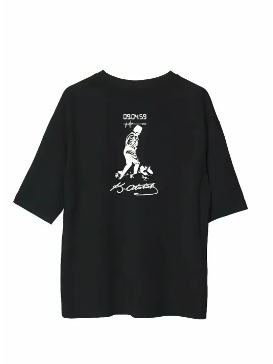 Unisex Bisiklet Yaka Baskılı Oversize T-shirt - Siyah