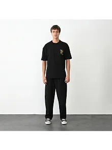 Unisex Bisiklet Yaka Baskılı Oversize T-shirt - Siyah