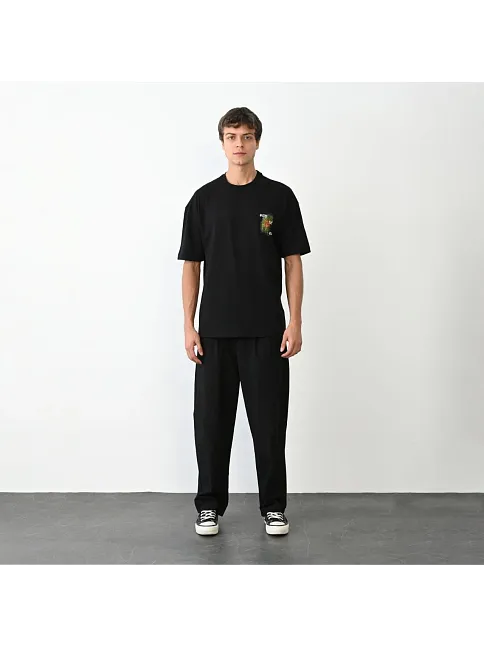 Unisex Bisiklet Yaka Baskılı Oversize T-shirt - Siyah